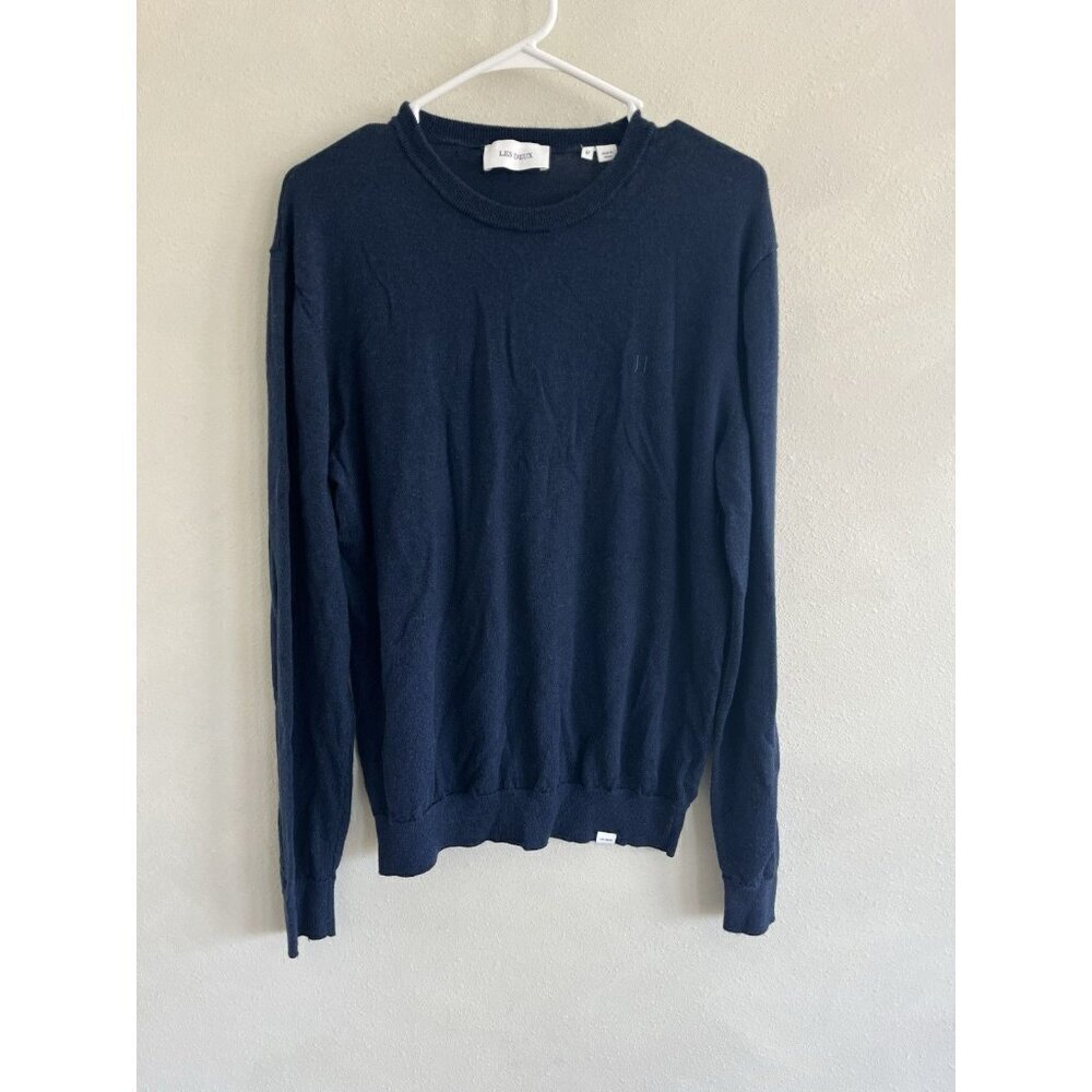 Les Deux Men's Blue Long Sleeve Crew Neck Pullover Jumper Medium 100% Wool Hole